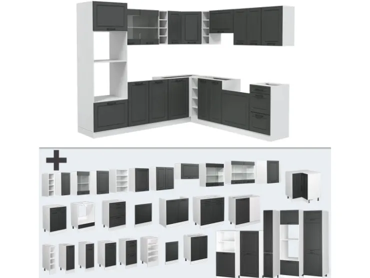 Winkelküchen<Vicco R-Line Eckküche Anthrazit Landhaus/Weiß 237 x 60 cm AP Marmor ohne E-Geräte Anthrazit Struktur