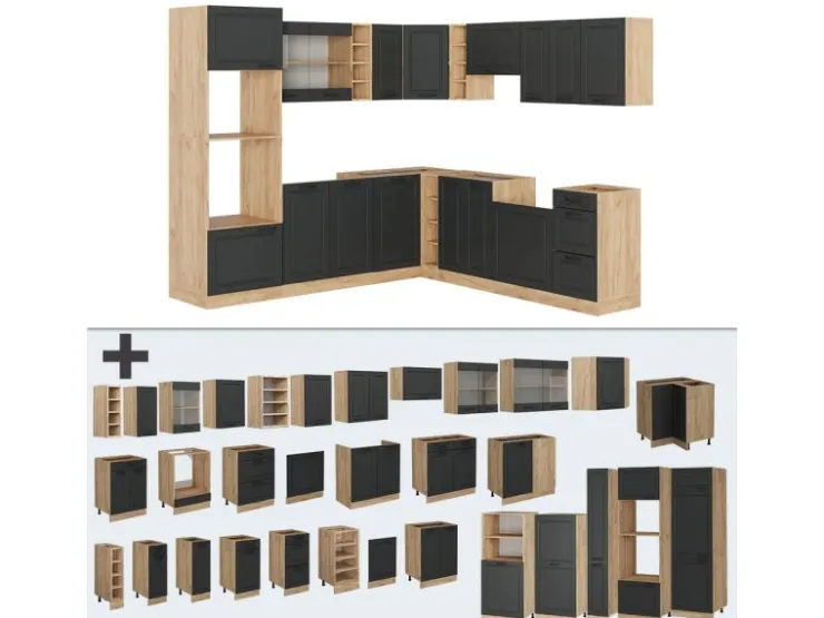 Vicco R-Line Eckküche Anthrazit Landhaus/Goldkraft Eiche 237 x 247 cm AP Anthrazit ohne E-Geräte Anthrazit Struktur