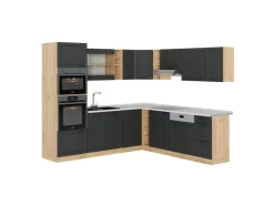 Discount Vicco R-Line Eckküche Anthrazit Landhaus/Goldkraft Eiche 237 x 247 cm AP Marmor ohne E-Geräte Anthrazit Struktur