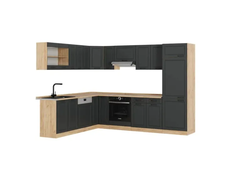 Winkelküchen<Vicco R-Line Eckküche Anthrazit Landhaus/Goldkraft Eiche 227 x 287 cm ohne Arbeitsplatte ohne E-Geräte Anthrazit Struktur