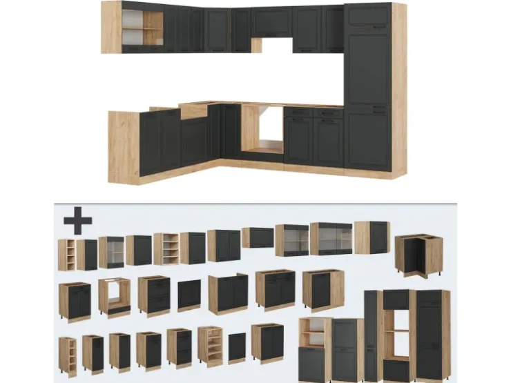 Winkelküchen<Vicco R-Line Eckküche Anthrazit Landhaus/Goldkraft Eiche 227 x 287 cm ohne Arbeitsplatte ohne E-Geräte Anthrazit Struktur