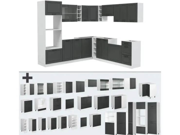Küchenregale|Winkelküchen<Vicco R-Line Eckküche Anthrazit Landhaus/Weiß 237 x 60 cm ohne Arbeitsplatte ohne E-Geräte Anthrazit Struktur