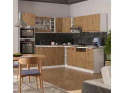 Winkelküchen<Vicco R-Line Eckküche /Weiß 237 x 247 cm ohne Arbeitsplatte ohne E-Geräte Artisan Eiche
