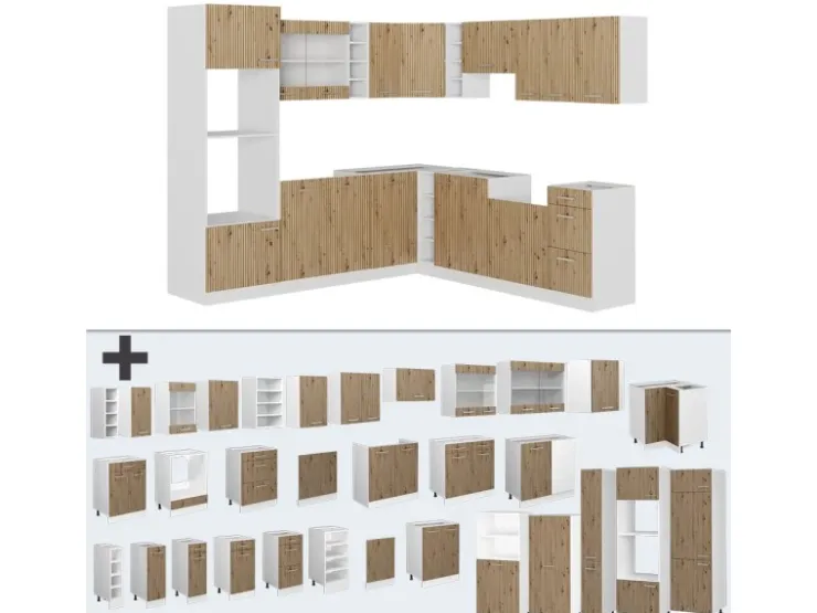 Winkelküchen<Vicco R-Line Eckküche /Weiß 237 x 247 cm ohne Arbeitsplatte ohne E-Geräte Artisan Eiche