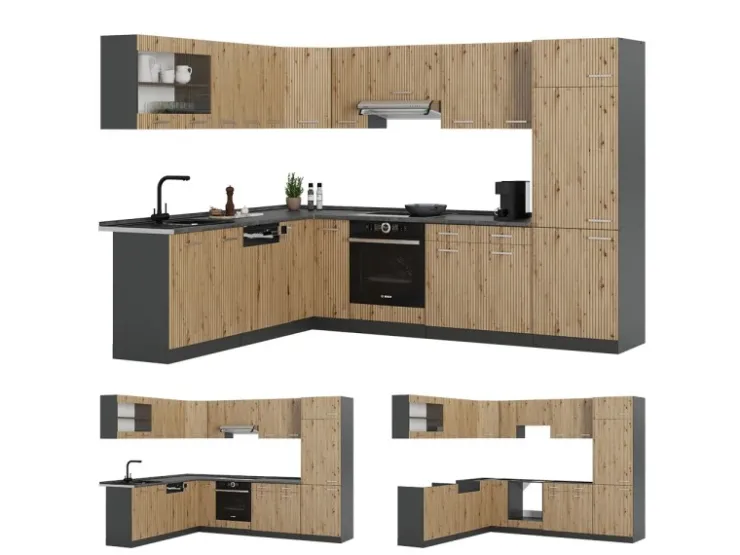 Winkelküchen<Vicco R-Line Eckküche Artisan Eiche/Anthrazit 227 x 287 cm ohne Arbeitsplatte ohne E-Geräte Eiche Hell
