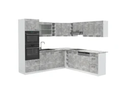 Hot Vicco R-Line Eckküche Beton/Weiß 237 x 60 cm AP Marmor ohne E-Geräte Winkelküchen|Einbauküchen