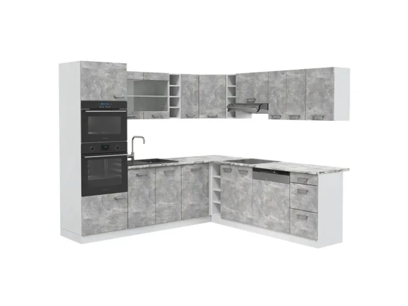 Hot Vicco R-Line Eckküche Beton/Weiß 237 x 60 cm AP Marmor ohne E-Geräte Winkelküchen|Einbauküchen