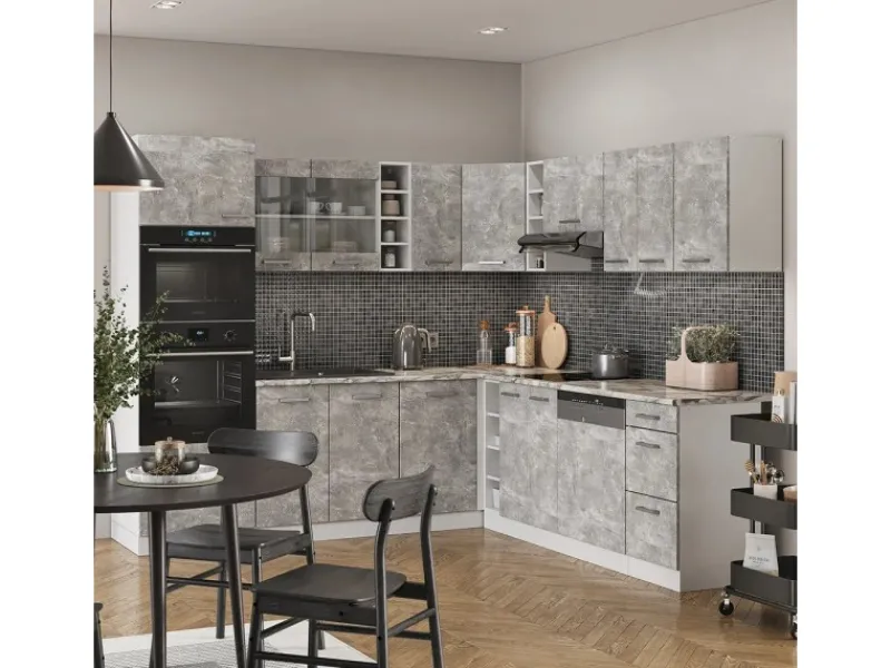 Hot Vicco R-Line Eckküche Beton/Weiß 237 x 60 cm AP Marmor ohne E-Geräte Winkelküchen|Einbauküchen
