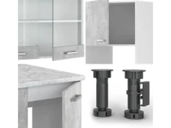 Hot Vicco R-Line Eckküche Beton/Weiß 237 x 60 cm AP Marmor ohne E-Geräte Winkelküchen|Einbauküchen