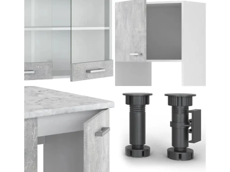 Hot Vicco R-Line Eckküche Beton/Weiß 237 x 60 cm AP Marmor ohne E-Geräte Winkelküchen|Einbauküchen