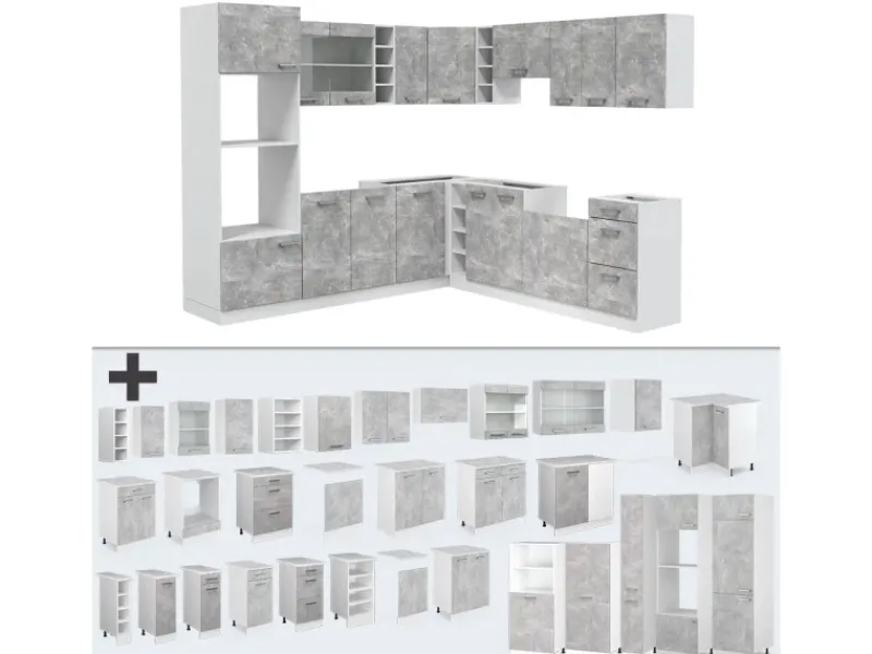 Hot Vicco R-Line Eckküche Beton/Weiß 237 x 60 cm AP Marmor ohne E-Geräte Winkelküchen|Einbauküchen