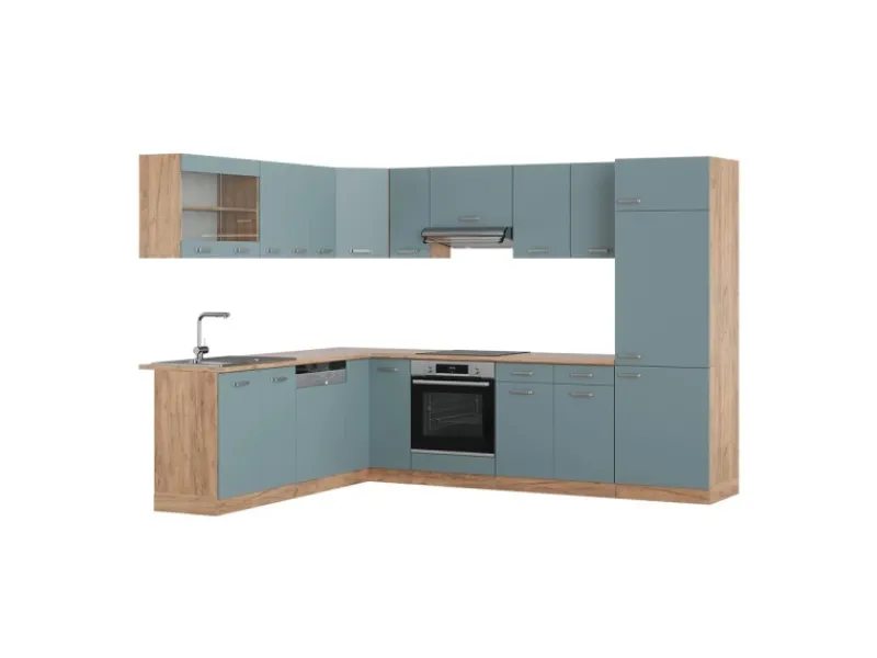 Discount Vicco R-Line Eckküche Blau-Grau/Goldkraft Eiche 227 x 287 cm AP Eiche ohne E-Geräte Herde|Kühlschränke