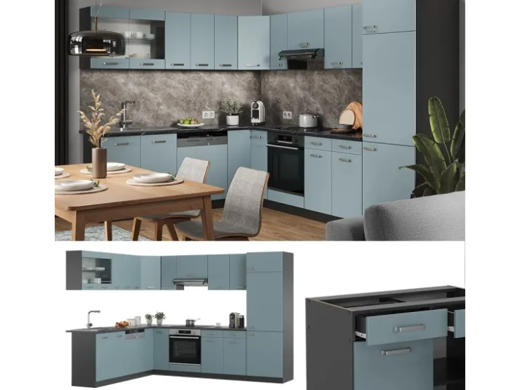 Online Vicco R-Line Eckküche Blau-Grau/Anthrazit 227 x 287 cm AP Eiche ohne E-Geräte Blaugrau