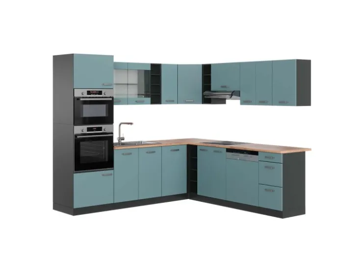 New Vicco R-Line Eckküche Blau-Grau/Anthrazit 237 x 247 cm AP Eiche ohne E-Geräte Blaugrau
