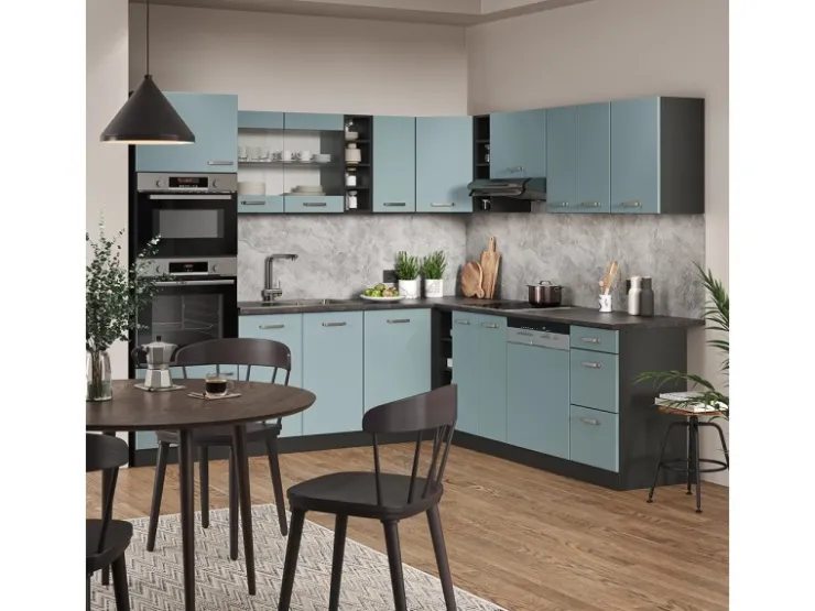 New Vicco R-Line Eckküche Blau-Grau/Anthrazit 237 x 247 cm AP Eiche ohne E-Geräte Blaugrau