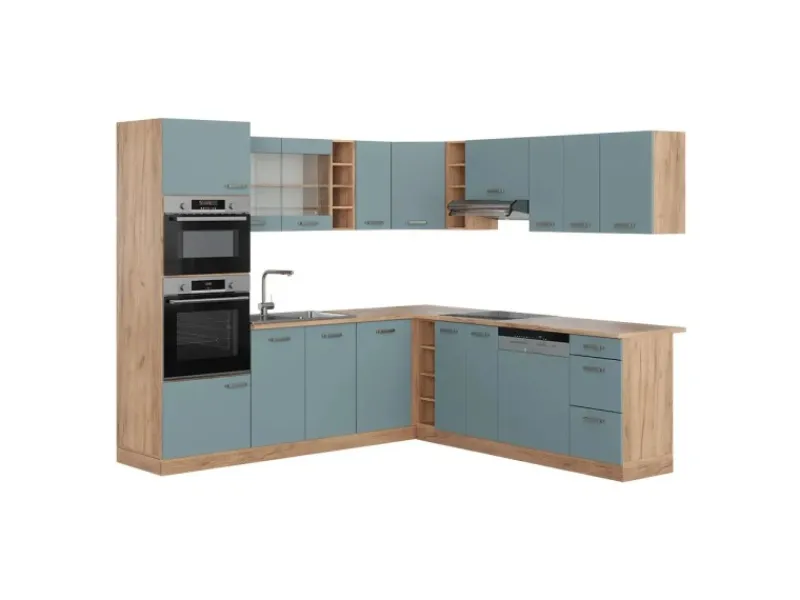 Hot Vicco R-Line Eckküche Blau-Grau/Goldkraft Eiche 237 x 247 cm AP Eiche ohne E-Geräte Winkelküchen|Einbauküchen