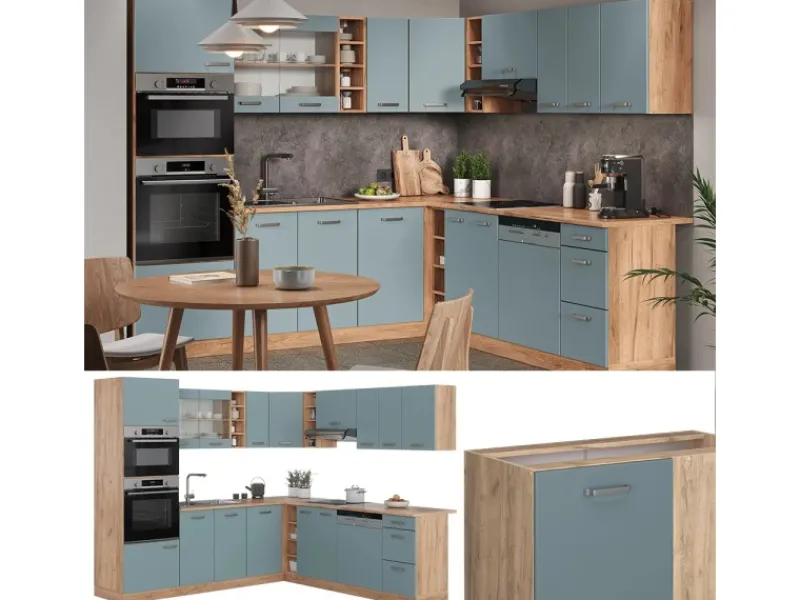 Hot Vicco R-Line Eckküche Blau-Grau/Goldkraft Eiche 237 x 247 cm AP Eiche ohne E-Geräte Winkelküchen|Einbauküchen