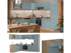 Clearance Vicco R-Line Eckküche Blau-Grau/Goldkraft Eiche 227 x 287 cm AP Anthrazit ohne E-Geräte Winkelküchen|Küchenschränke
