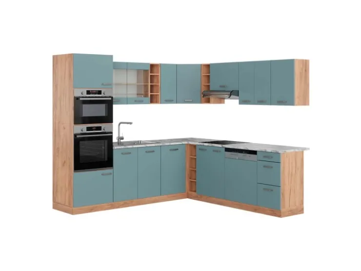 Winkelküchen<Vicco R-Line Eckküche Blau-Grau/Goldkraft Eiche 237 x 247 cm AP Marmor ohne E-Geräte Blaugrau