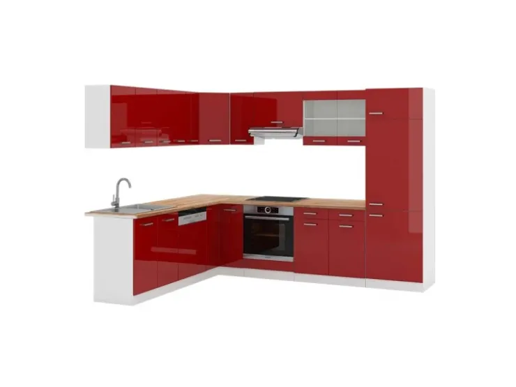 Winkelküchen|Küchenschränke<Vicco R-Line Eckküche Bordeaux Hochglanz/Weiß 227 x 287 cm AP Eiche ohne E-Geräte Brilliant Bordeaux