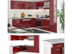 Winkelküchen|Küchenschränke<Vicco R-Line Eckküche Bordeaux Hochglanz/Weiß 227 x 287 cm AP Eiche ohne E-Geräte Brilliant Bordeaux