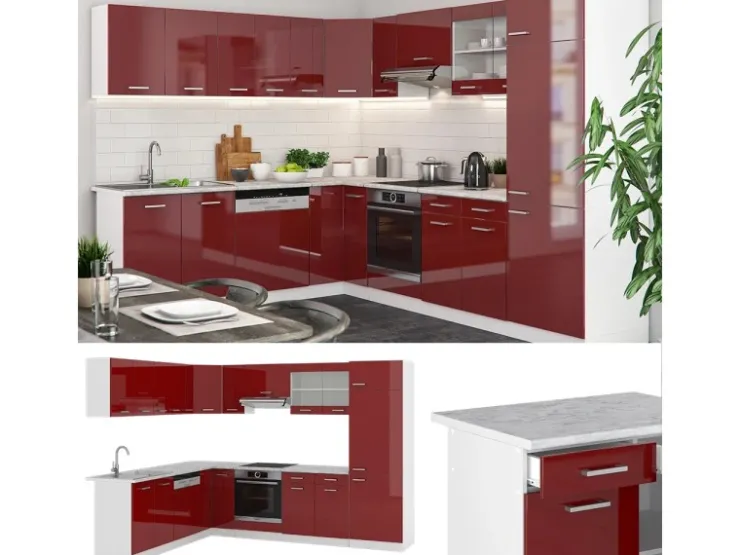 Winkelküchen|Küchenschränke<Vicco R-Line Eckküche Bordeaux Hochglanz/Weiß 227 x 287 cm AP Eiche ohne E-Geräte Brilliant Bordeaux