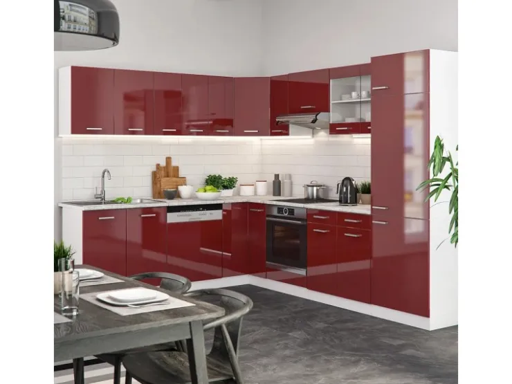Winkelküchen|Küchenschränke<Vicco R-Line Eckküche Bordeaux Hochglanz/Weiß 227 x 287 cm AP Eiche ohne E-Geräte Brilliant Bordeaux
