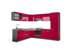 Winkelküchen<Vicco R-Line Eckküche Bordeaux Hochglanz/Anthrazit 227 x 287 cm AP Marmor ohne E-Geräte Brilliant Bordeaux