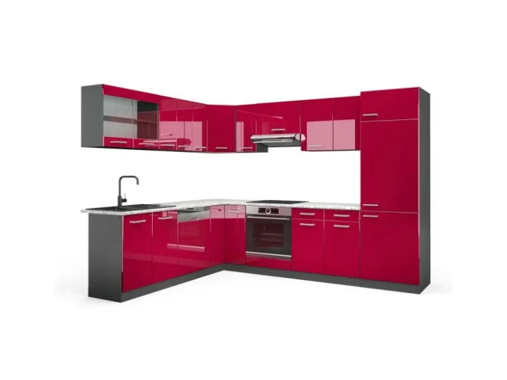 Winkelküchen<Vicco R-Line Eckküche Bordeaux Hochglanz/Anthrazit 227 x 287 cm AP Marmor ohne E-Geräte Brilliant Bordeaux