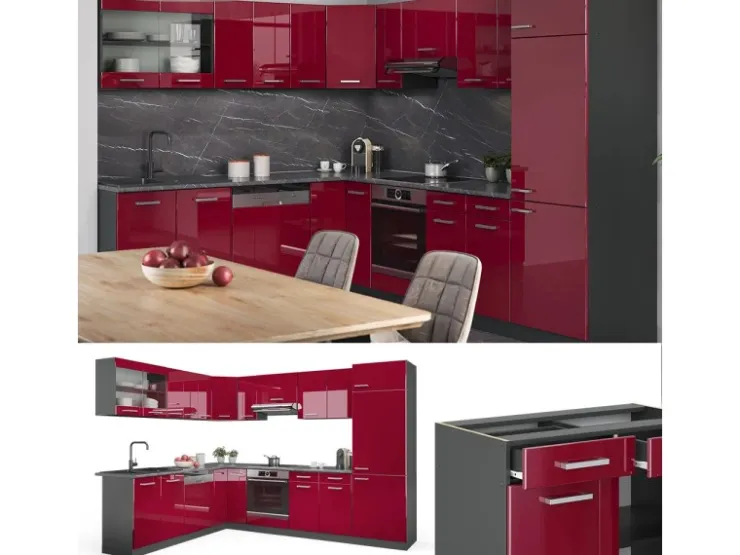 Winkelküchen<Vicco R-Line Eckküche Bordeaux Hochglanz/Anthrazit 227 x 287 cm AP Marmor ohne E-Geräte Brilliant Bordeaux