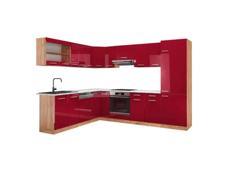 Winkelküchen<Vicco R-Line Eckküche Bordeaux Hochglanz/Goldkraft Eiche 227 x 287 cm AP Marmor ohne E-Geräte Bordeaux-Glanz