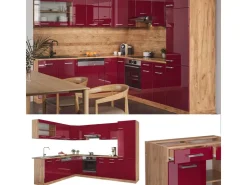 Winkelküchen<Vicco R-Line Eckküche Bordeaux Hochglanz/Goldkraft Eiche 227 x 287 cm AP Marmor ohne E-Geräte Bordeaux-Glanz
