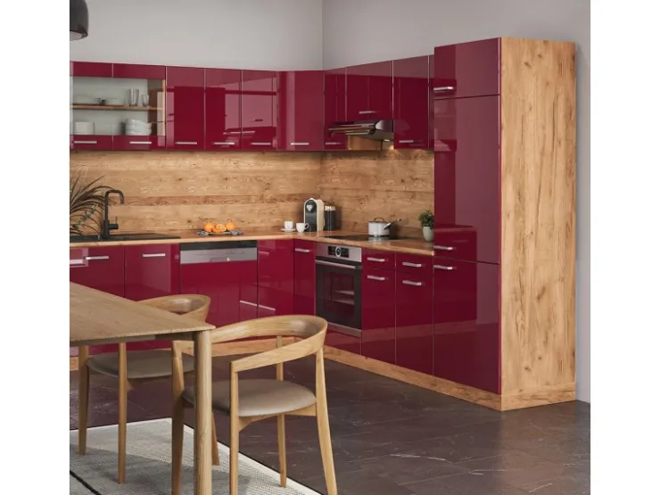 Winkelküchen<Vicco R-Line Eckküche Bordeaux Hochglanz/Goldkraft Eiche 227 x 287 cm AP Marmor ohne E-Geräte Bordeaux-Glanz