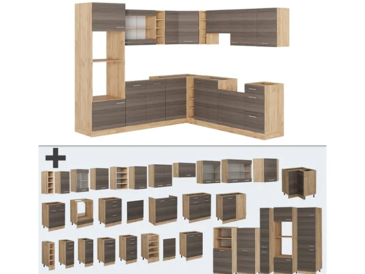 Winkelküchen<Vicco R-Line Eckküche /Goldkraft Eiche 237 x 247 cm AP Anthrazit ohne E-Geräte Edelgrau