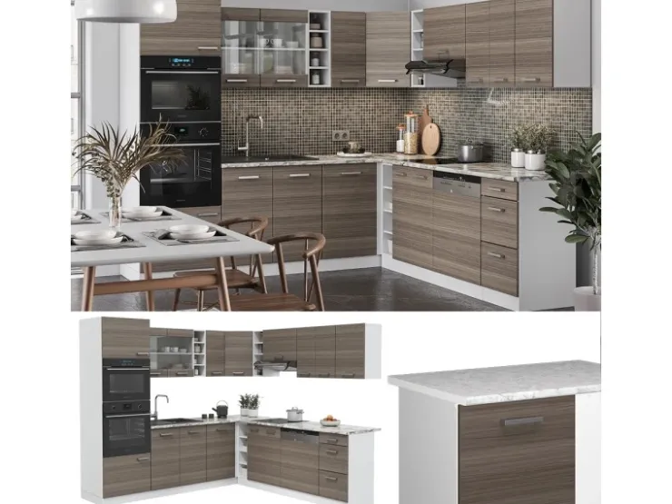 Vicco R-Line Eckküche /Weiß 237 x 60 cm AP Marmor ohne E-Geräte Edelgrau