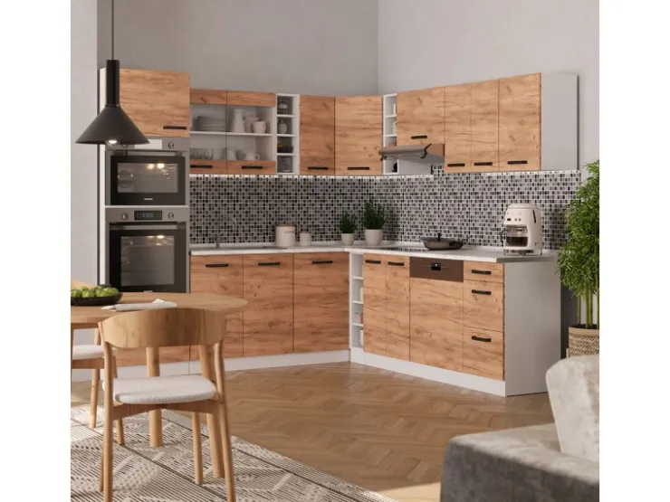 Winkelküchen<Vicco R-Line Eckküche Goldkraft Eiche/Weiß 237 x 247 cm AP Marmor ohne E-Geräte