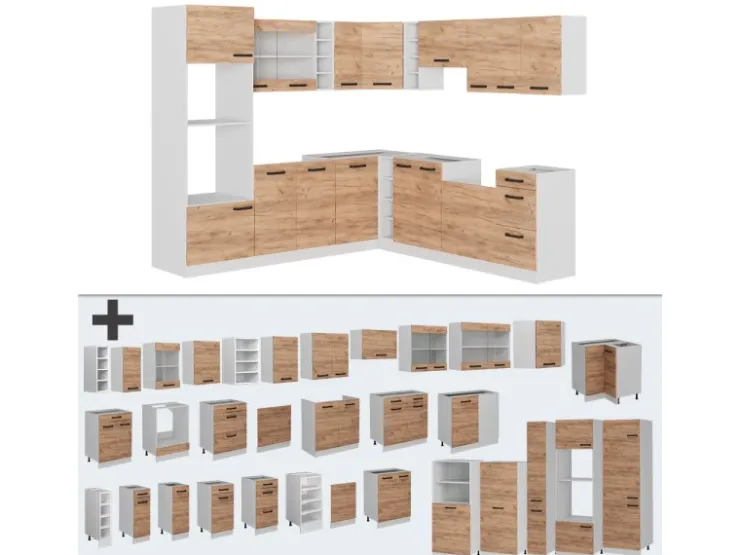 Winkelküchen<Vicco R-Line Eckküche Goldkraft Eiche/Weiß 237 x 247 cm AP Marmor ohne E-Geräte