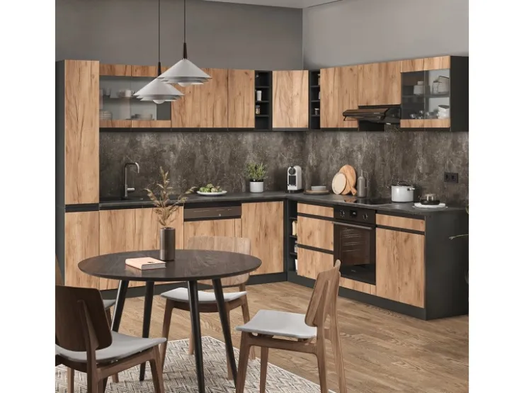 Winkelküchen<Vicco R-Line Eckküche Goldkraft Eiche/Anthrazit 257 x 277 cm J-ShapeAP Marmor ohne E-Geräte Anthrazit-Eiche