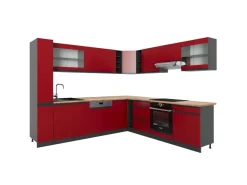 Best Vicco R-Line Eckküche /Anthrazit 257 x 277 cm J-ShapeAP Eiche ohne E-Geräte Rot