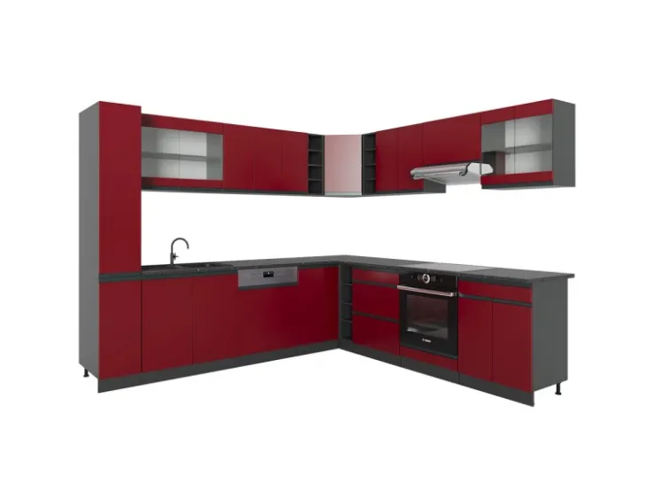 Herde|Winkelküchen<Vicco R-Line Eckküche /Anthrazit 257 x 277 cm J-ShapeAP Anthrazit ohne E-Geräte Rot