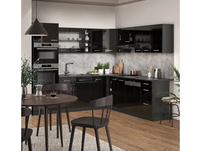 Discount Vicco R-Line Eckküche /Anthrazit 237 x 247 cm AP Marmor ohne E-Geräte Winkelküchen|Einbauküchen
