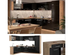 Winkelküchen|Herde<Vicco R-Line Eckküche /Goldkraft Eiche 227 x 287 cm AP Marmor ohne E-Geräte Schwarz Hochglanz