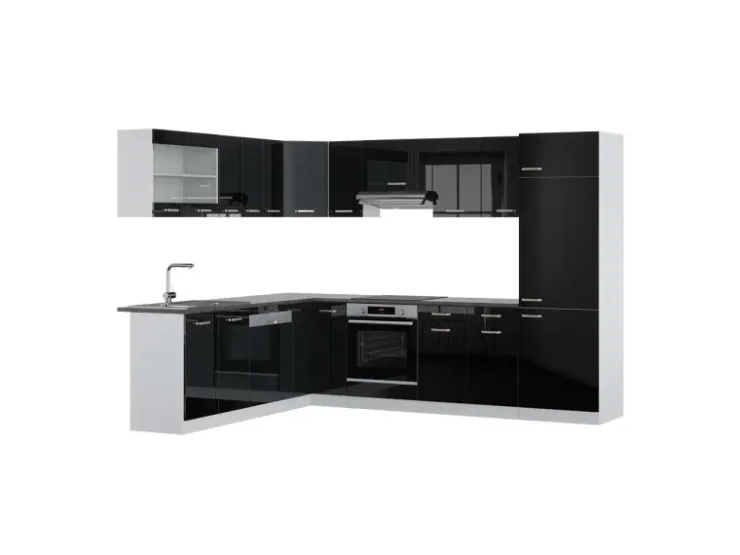 Winkelküchen|Einbauküchen<Vicco R-Line Eckküche /Weiß 227 x 287 cm AP Anthrazit ohne E-Geräte Schwarz Hochglanz