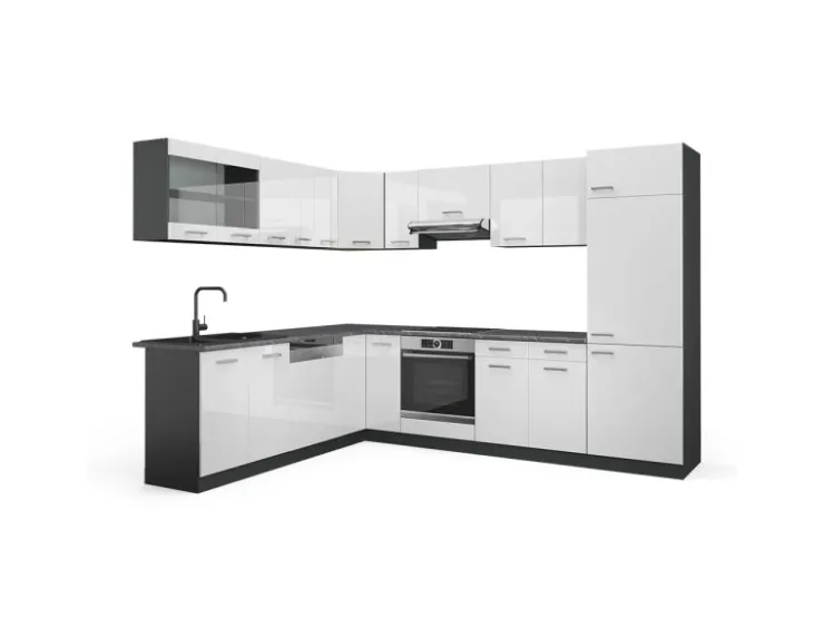 Winkelküchen|Einbauküchen<Vicco R-Line Eckküche /Anthrazit 227 x 287 cm AP Anthrazit ohne E-Geräte Weiß Hochglanz