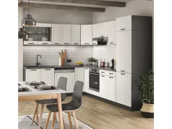 Winkelküchen<Vicco R-Line Eckküche Weiß Landhaus/Anthrazit 227 x 287 cm AP Eiche ohne E-Geräte Weiß Strukturiert