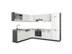 Winkelküchen<Vicco R-Line Eckküche Weiß Landhaus/Anthrazit 227 x 287 cm AP Marmor ohne E-Geräte Weiß Strukturiert