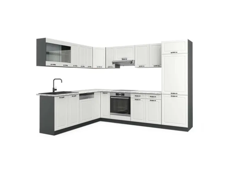 Winkelküchen<Vicco R-Line Eckküche Weiß Landhaus/Anthrazit 227 x 287 cm AP Marmor ohne E-Geräte Weiß Strukturiert
