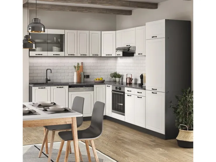 Winkelküchen<Vicco R-Line Eckküche Weiß Landhaus/Anthrazit 227 x 287 cm AP Marmor ohne E-Geräte Weiß Strukturiert