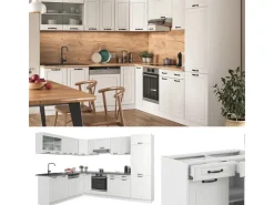 Winkelküchen<Vicco R-Line Eckküche Weiß Landhaus/Weiß 227 x 287 cm ohne Arbeitsplatte ohne E-Geräte Weiß-Strukturiert