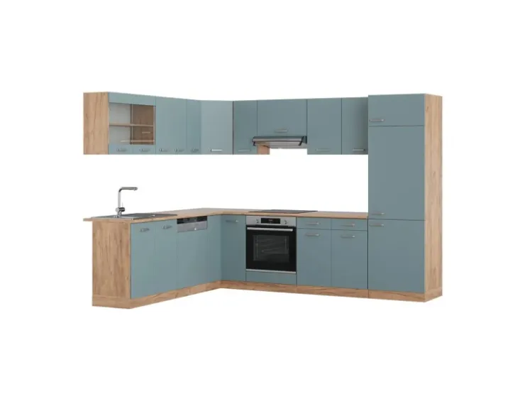 Clearance Vicco R-Line Einbauküche Blau-Grau/Goldkraft Eiche 227 x 287 cm ohne Arbeitsplatte ohne E-Geräte Blaugrau